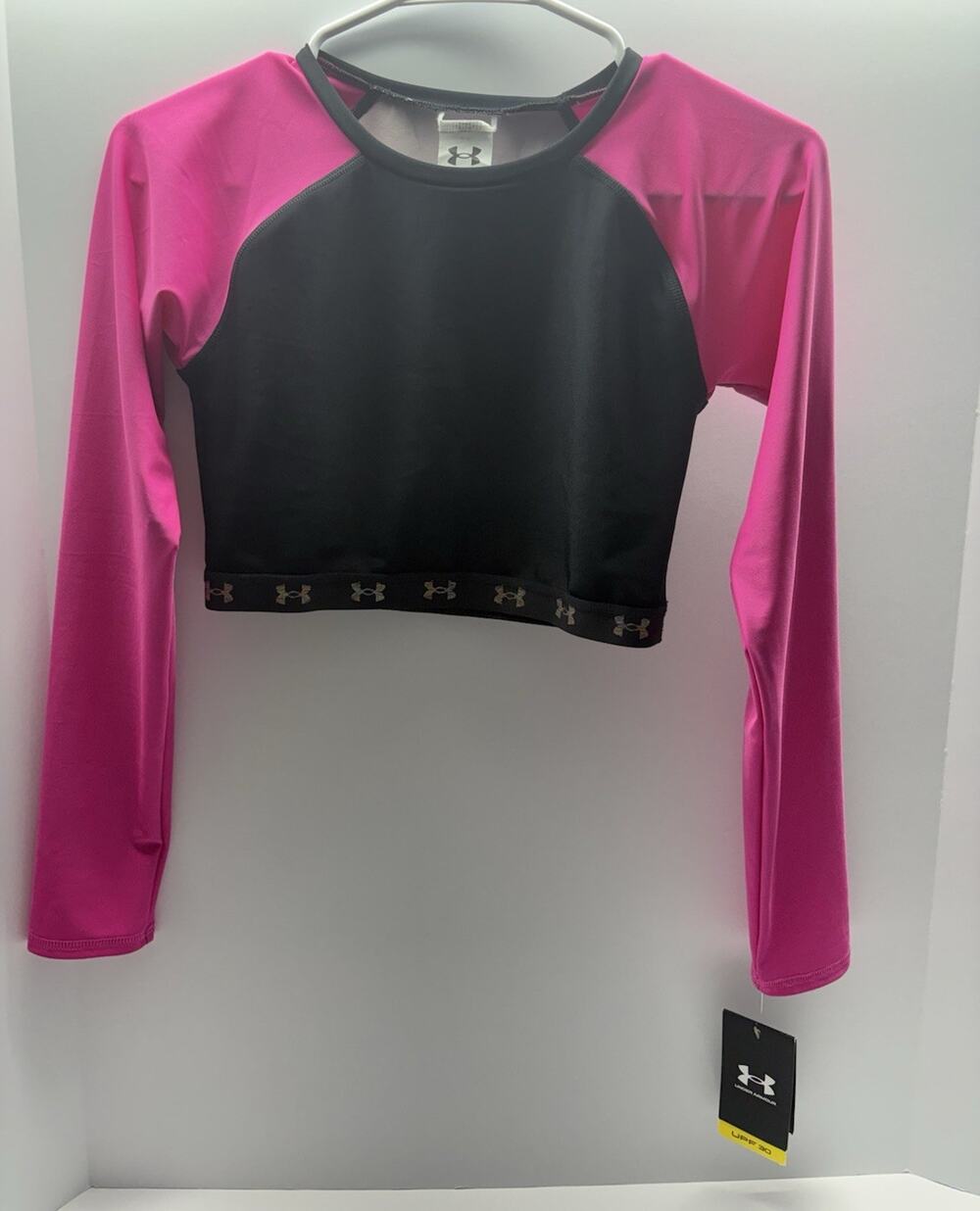 Under Armour Girls Size 16 Youth XL Pink Black Long Sleeve Crop Top NWT